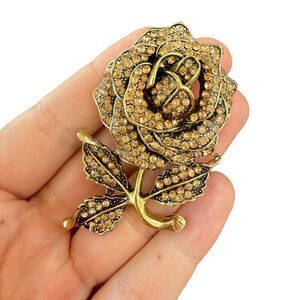 Vintage Jewelry Rose Brooch Rhinestone Flower Pin Brown Flower